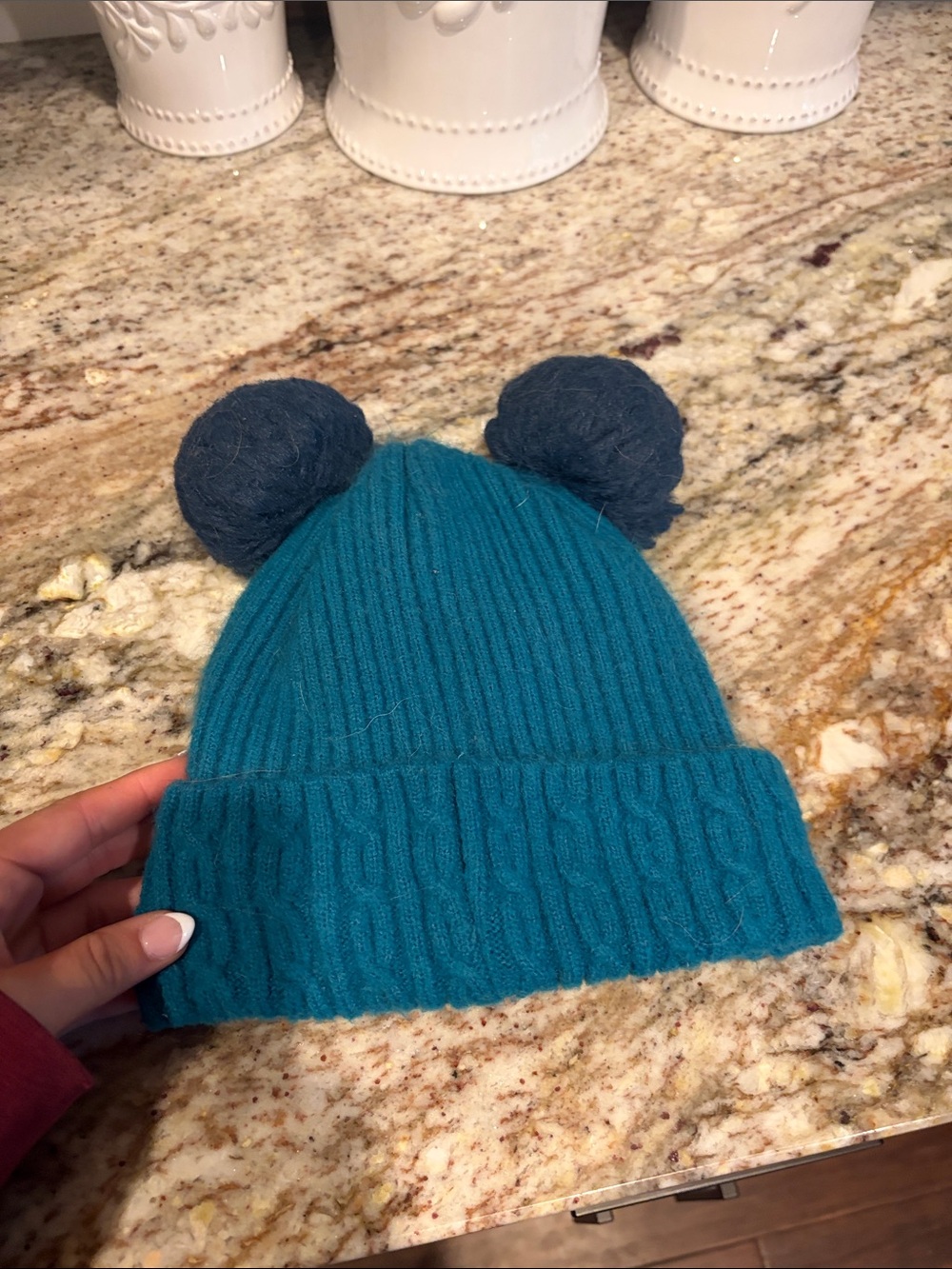Kids Cable Knit Beanie with Double Pom-Poms - Teal and Navy